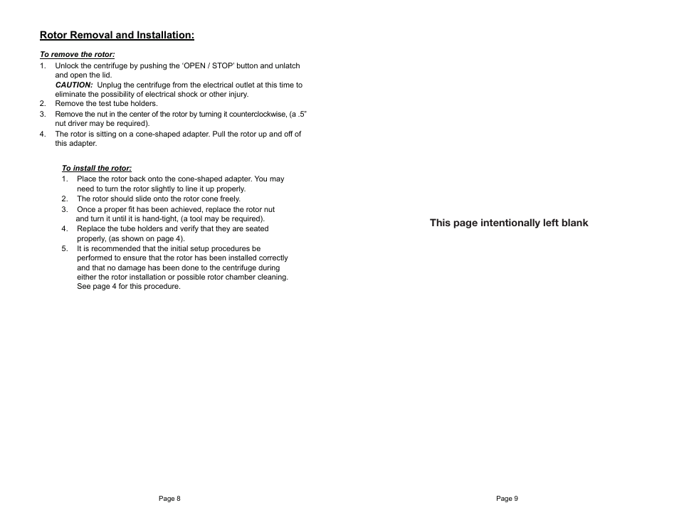 Rotor removal and installation, This page intentionally left blank | Drucker Diagnostics Model 642VFD Centrifuge User Manual | Page 7 / 7