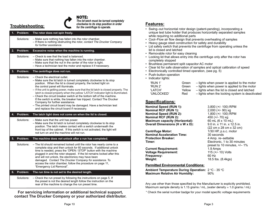 Features, Specifications | Drucker Diagnostics Model 642VFD Plus Centrifuge User Manual | Page 3 / 7