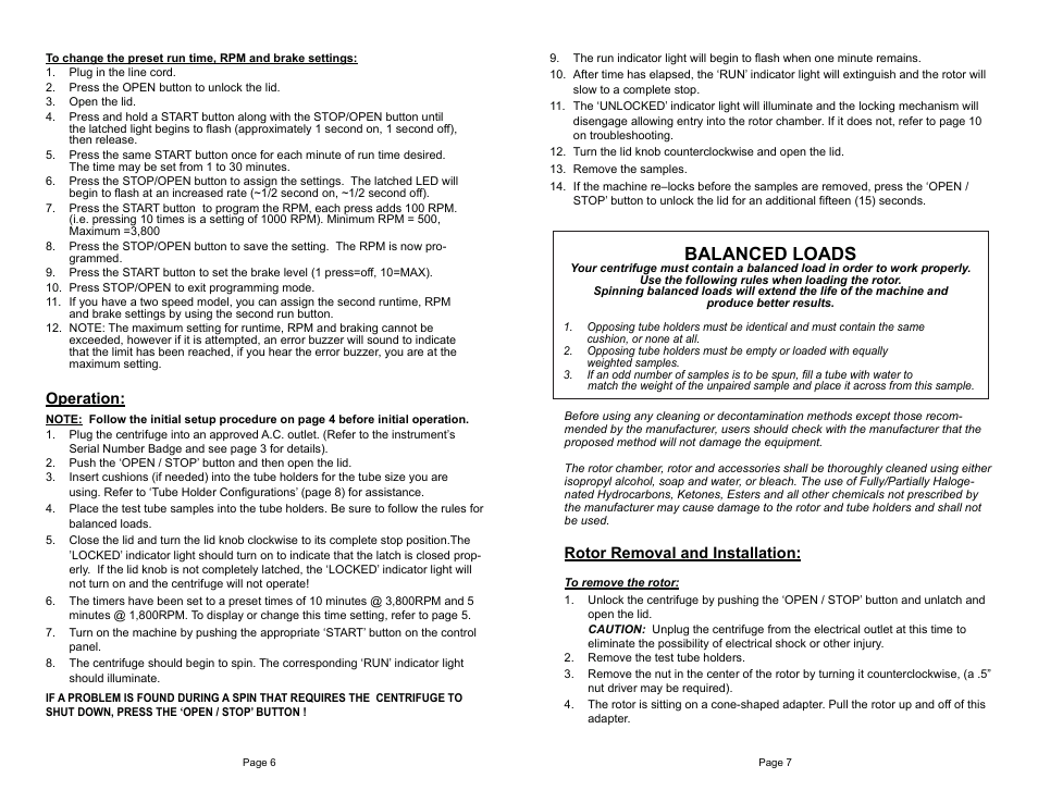 Balanced loads, Operation, Rotor removal and installation | Drucker Diagnostics Model 642VFD Plus Centrifuge User Manual | Page 6 / 7