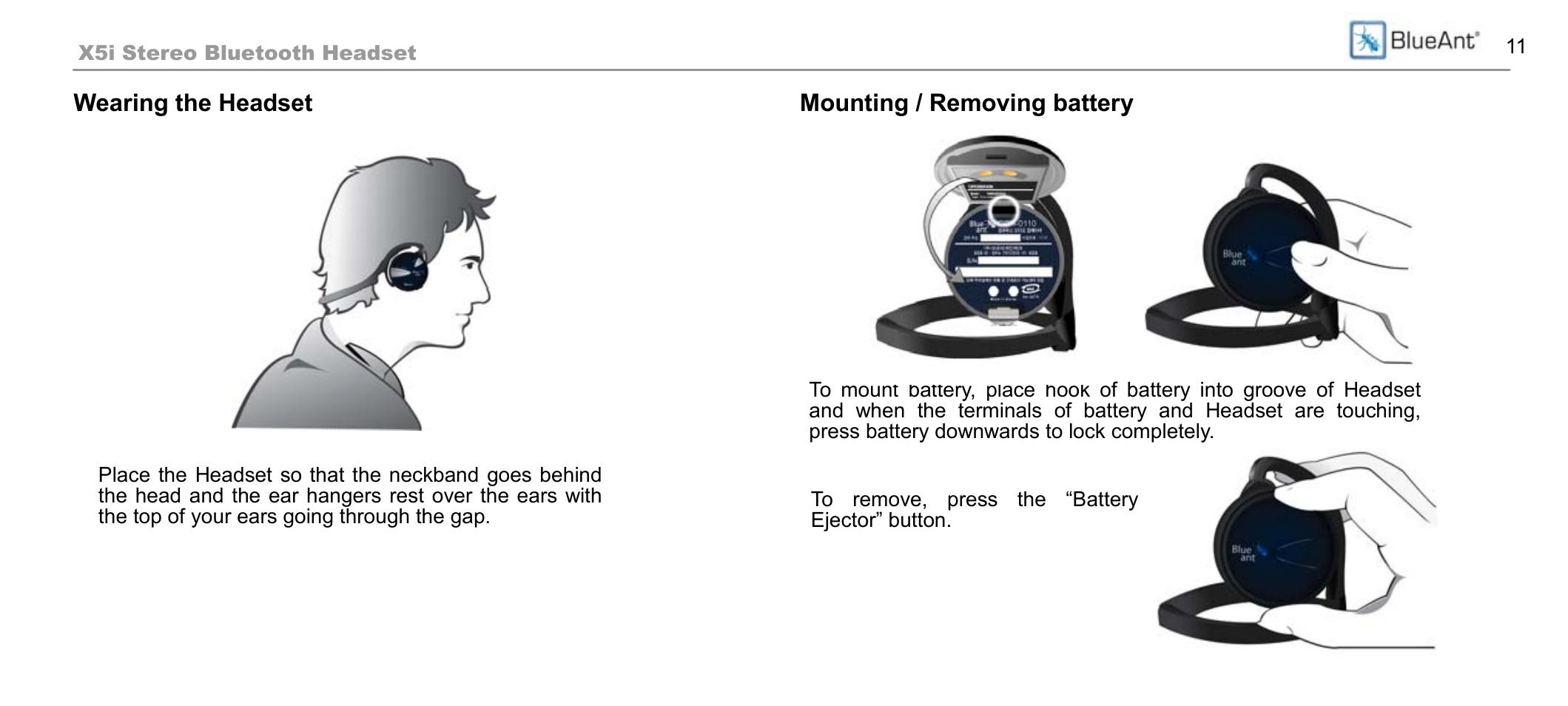 Wearing the headset, Mounting / removing battery | BlueAnt X5i User Manual | Page 11 / 37