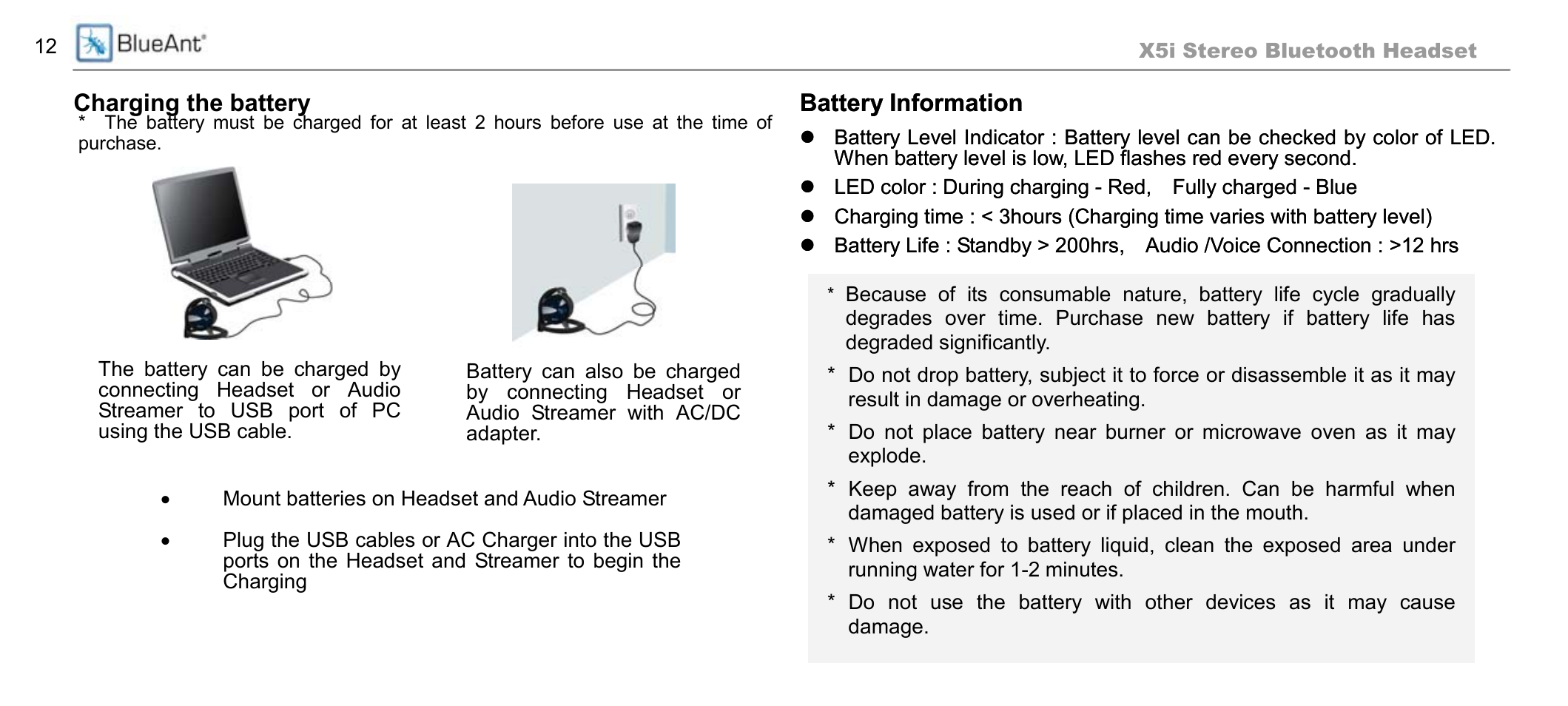 Charging the battery, Battery information | BlueAnt X5i User Manual | Page 12 / 37