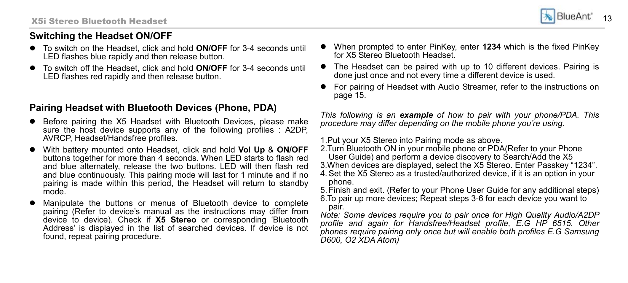 Switching the headset on/off | BlueAnt X5i User Manual | Page 13 / 37