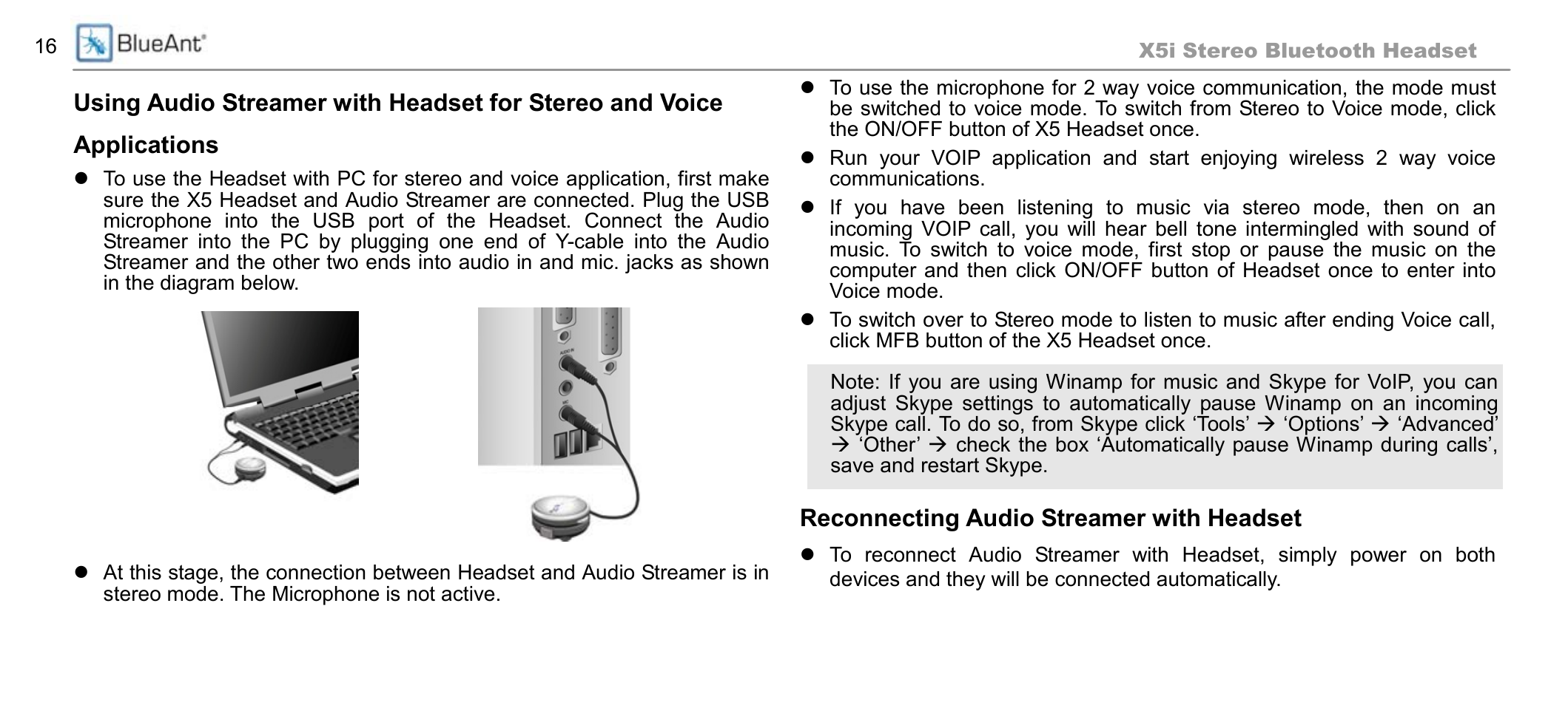 Reconnecting audio streamer with headset | BlueAnt X5i User Manual | Page 16 / 37