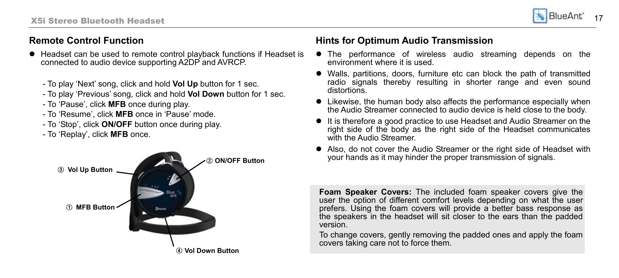 Remote control function, Hints for optimum audio transmission | BlueAnt X5i User Manual | Page 17 / 37
