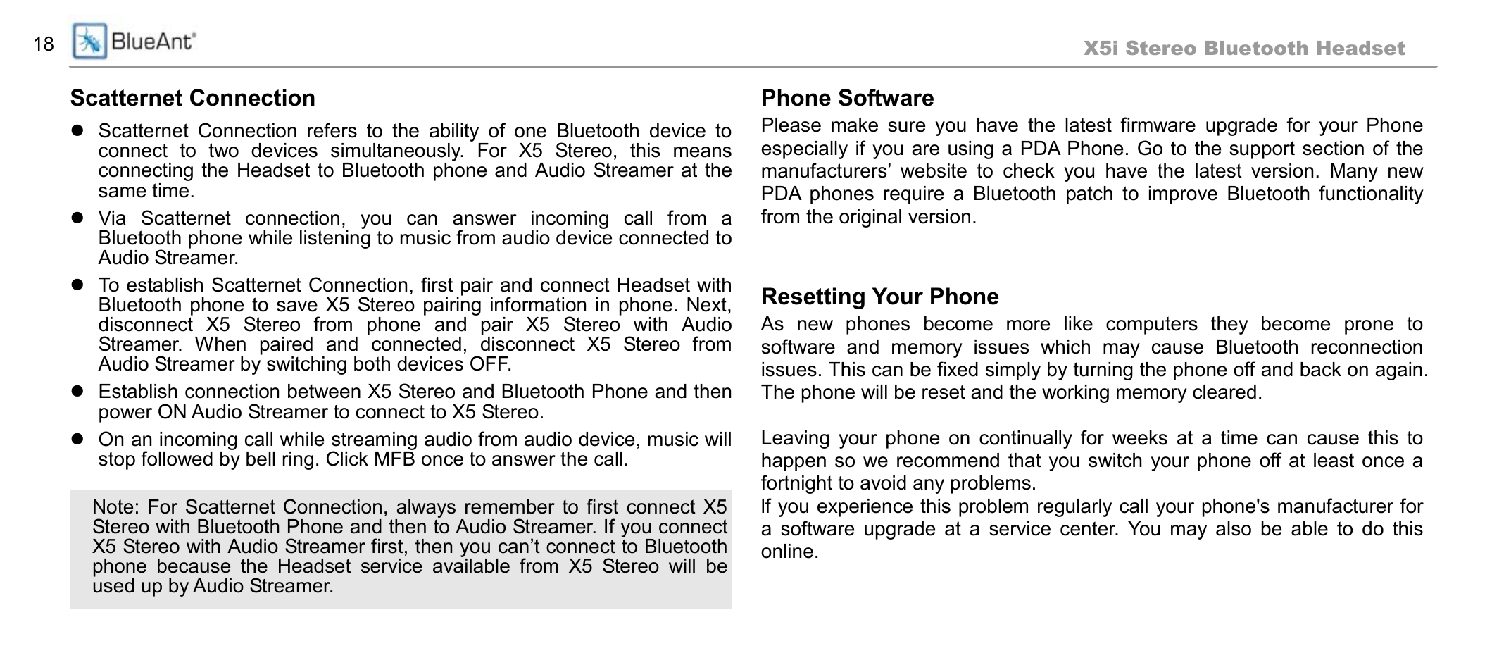 Scatternet connection, Phone software, Resetting your phone | BlueAnt X5i User Manual | Page 18 / 37