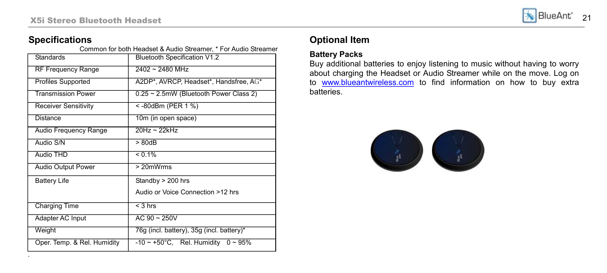 Specifications, Optional item | BlueAnt X5i User Manual | Page 21 / 37
