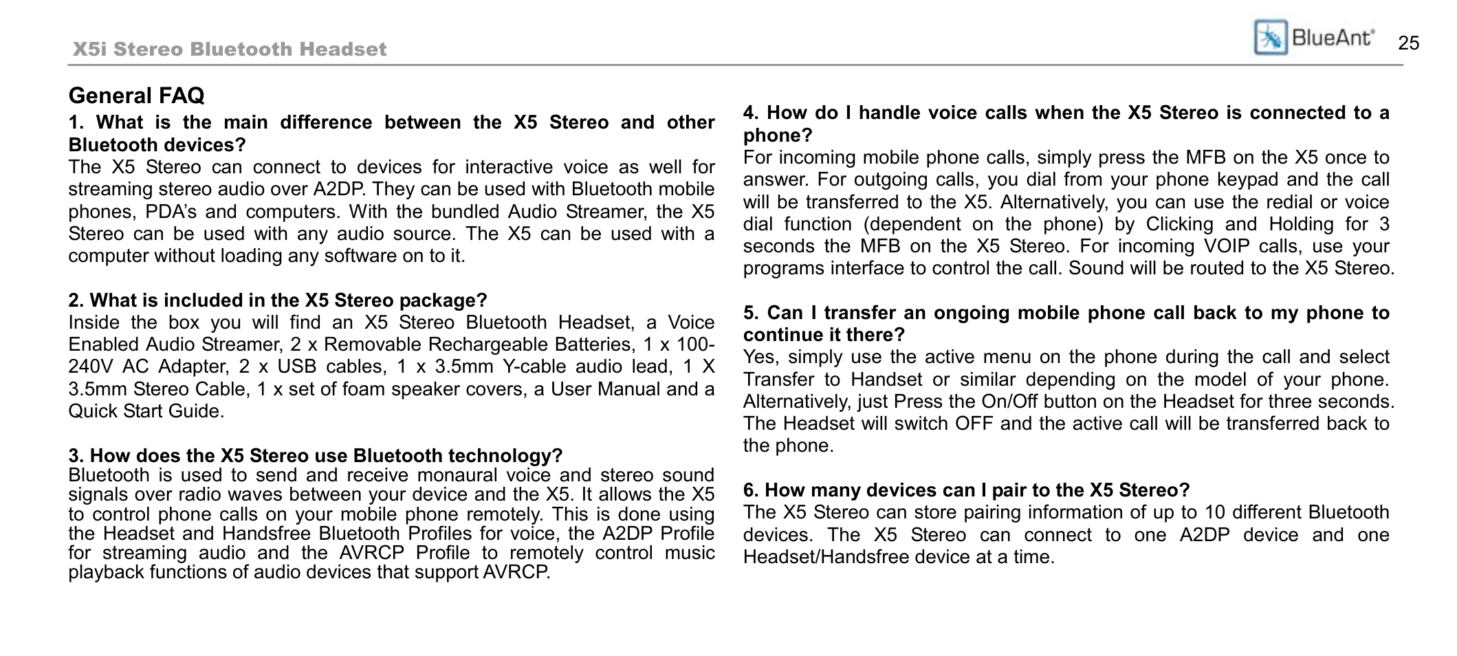 General faq | BlueAnt X5i User Manual | Page 25 / 37