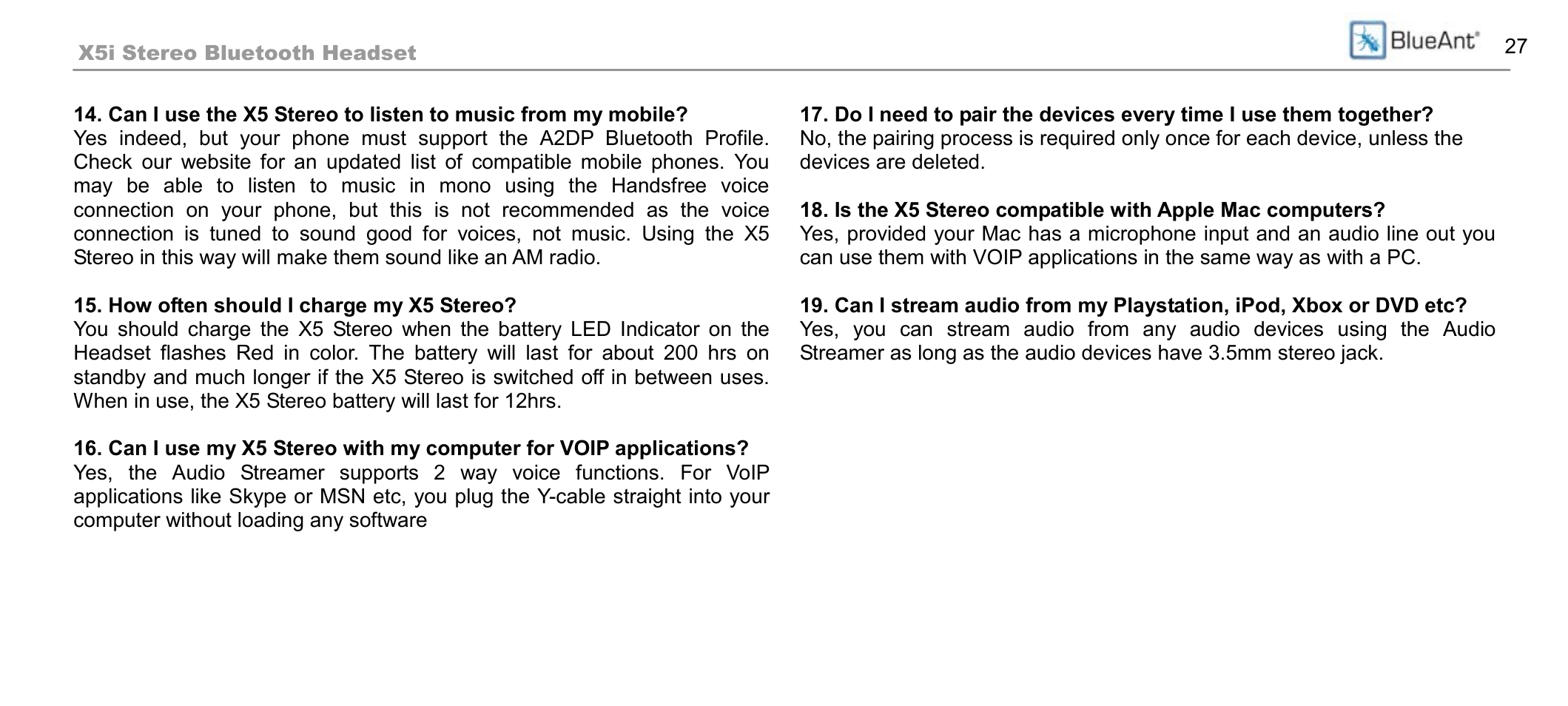 BlueAnt X5i User Manual | Page 27 / 37