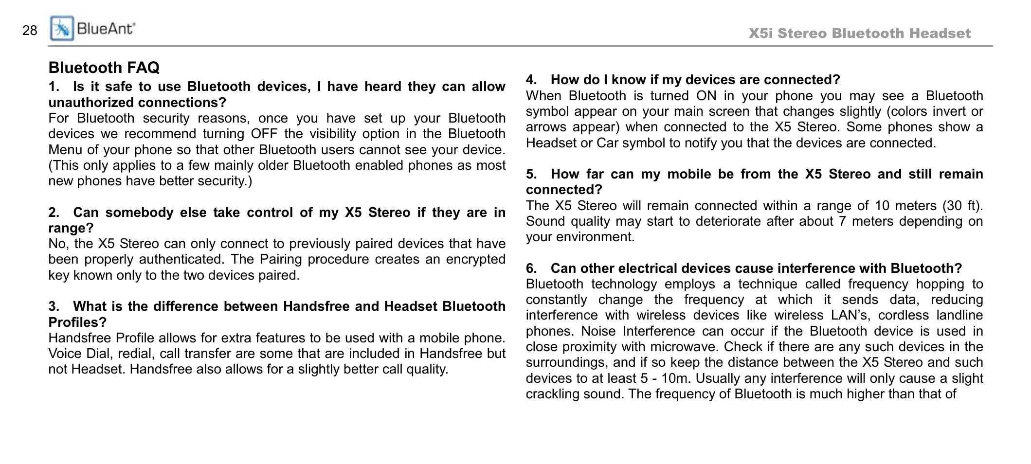 Bluetooth faq | BlueAnt X5i User Manual | Page 28 / 37