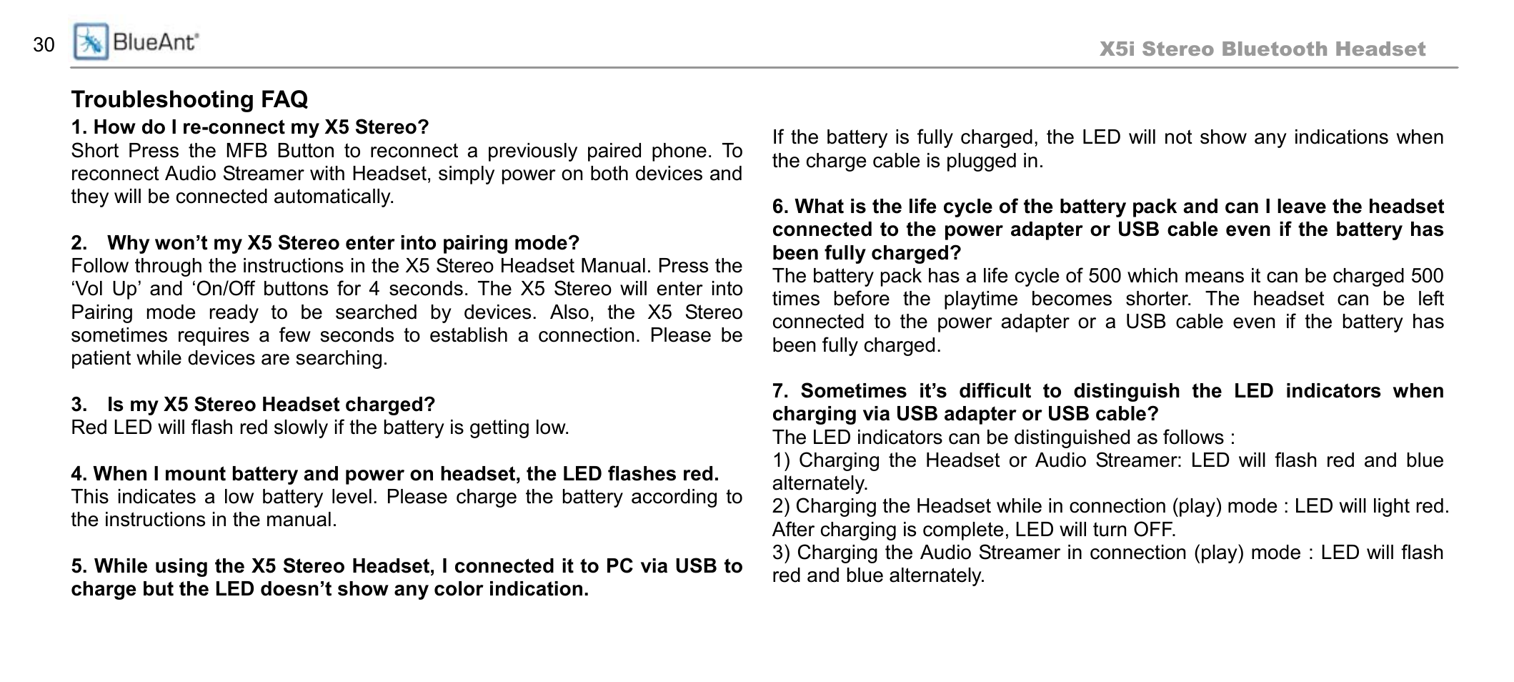 Troubleshooting faq | BlueAnt X5i User Manual | Page 30 / 37