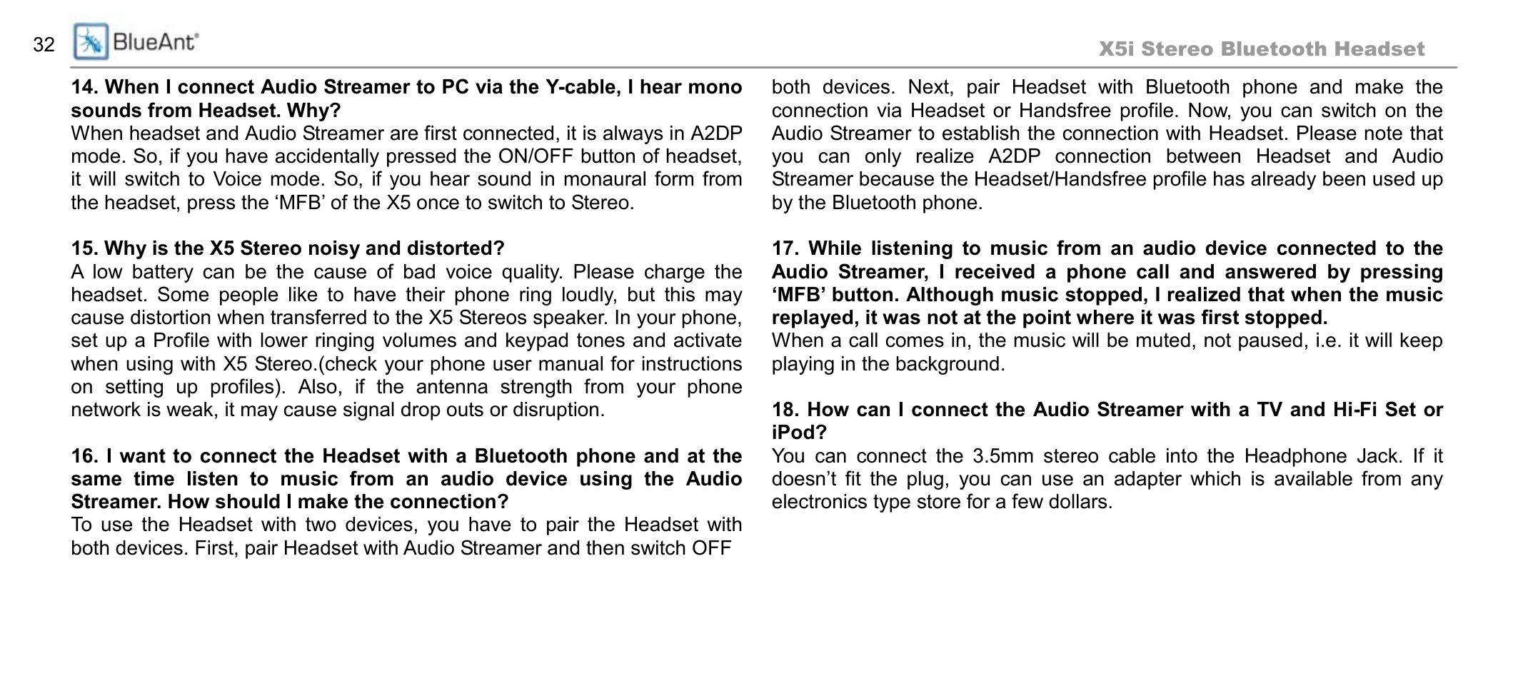 BlueAnt X5i User Manual | Page 32 / 37
