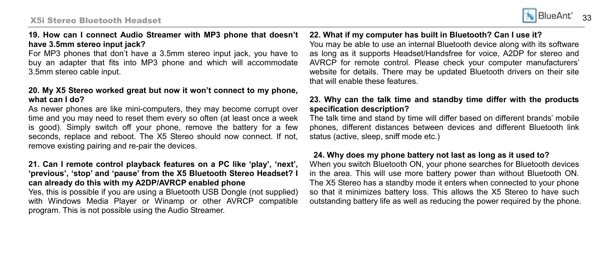 BlueAnt X5i User Manual | Page 33 / 37