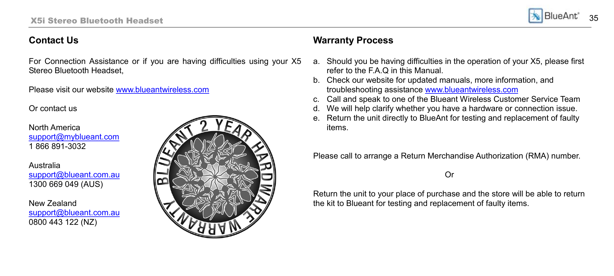 Contact us, Warranty process | BlueAnt X5i User Manual | Page 35 / 37
