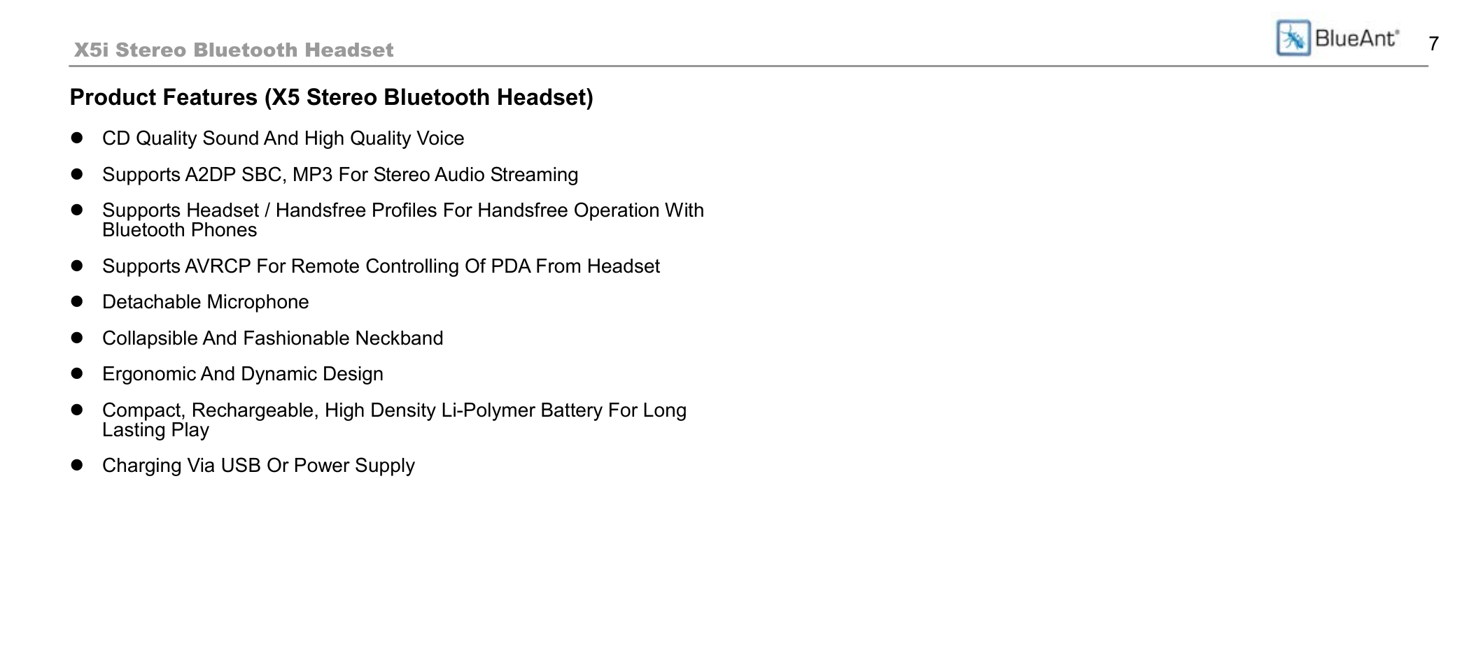 Product features (x5 stereo bluetooth headset) | BlueAnt X5i User Manual | Page 7 / 37