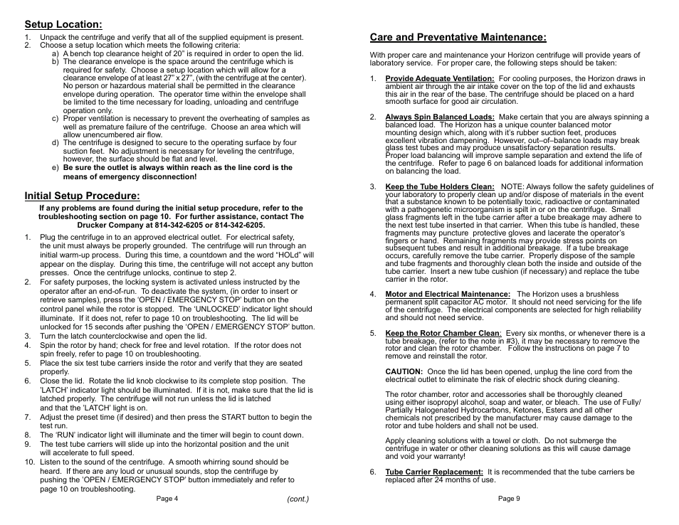 Setup location, Initial setup procedure, Care and preventative maintenance | Drucker Diagnostics Model 653ES Centrifuge User Manual | Page 4 / 6