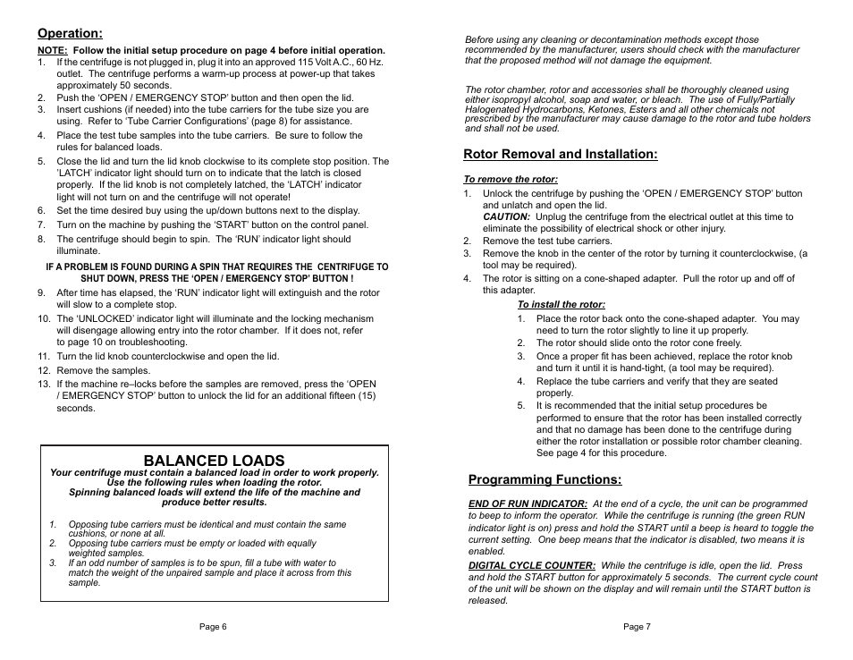 Balanced loads, Operation, Rotor removal and installation | Programming functions | Drucker Diagnostics Model 653ES Centrifuge User Manual | Page 6 / 6