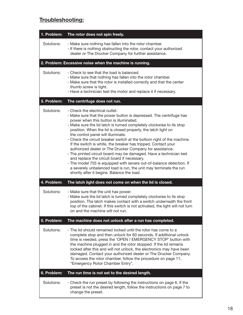 Troubleshooting | Drucker Diagnostics Model 755 Centrifuge User Manual | Page 18 / 24