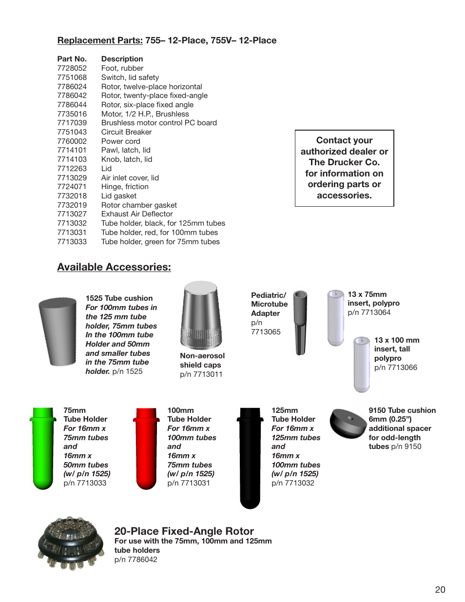 Available accessories, Place fixed-angle rotor | Drucker Diagnostics Model 755 Centrifuge User Manual | Page 20 / 24