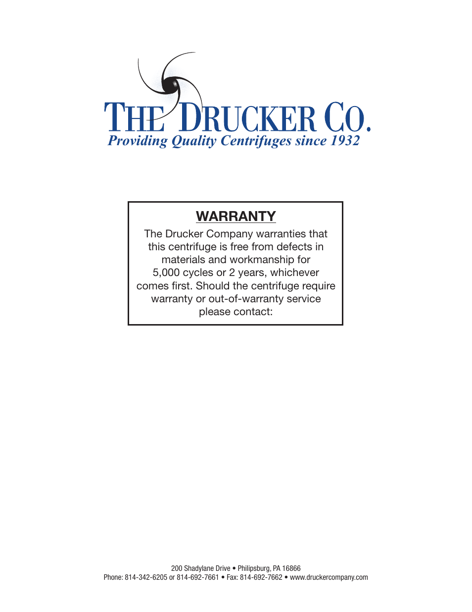 Providing quality centrifuges since 1932, Warranty | Drucker Diagnostics Model 755 Centrifuge User Manual | Page 24 / 24