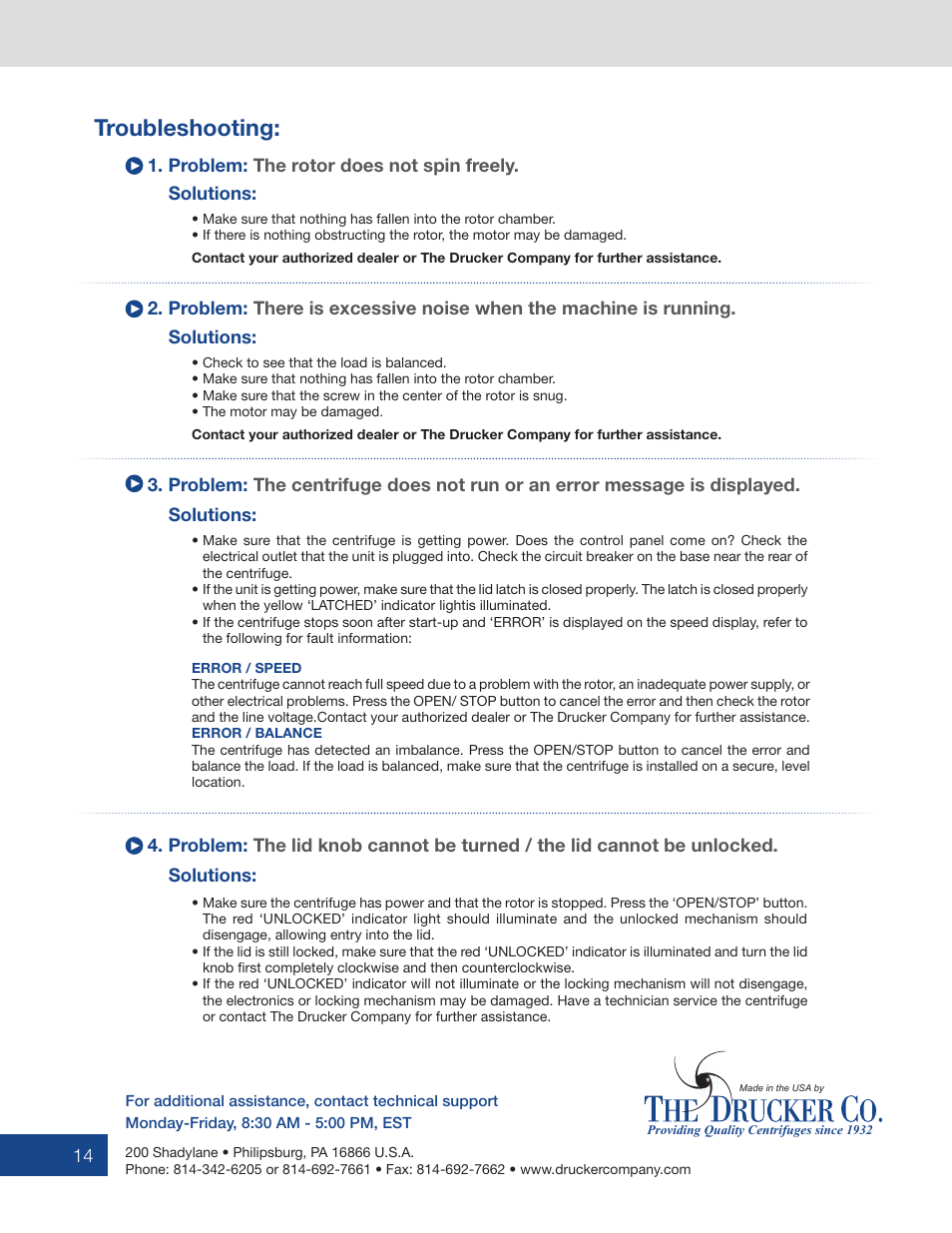Troubleshooting | Drucker Diagnostics Model 755VES Centrifuge User Manual | Page 14 / 16