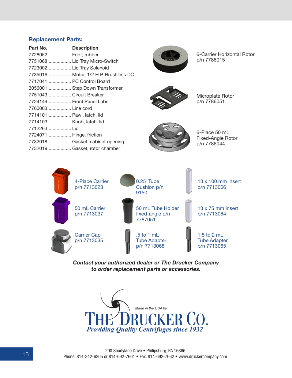 Providing quality centrifuges since 1932 | Drucker Diagnostics Model 755VES Centrifuge User Manual | Page 16 / 16