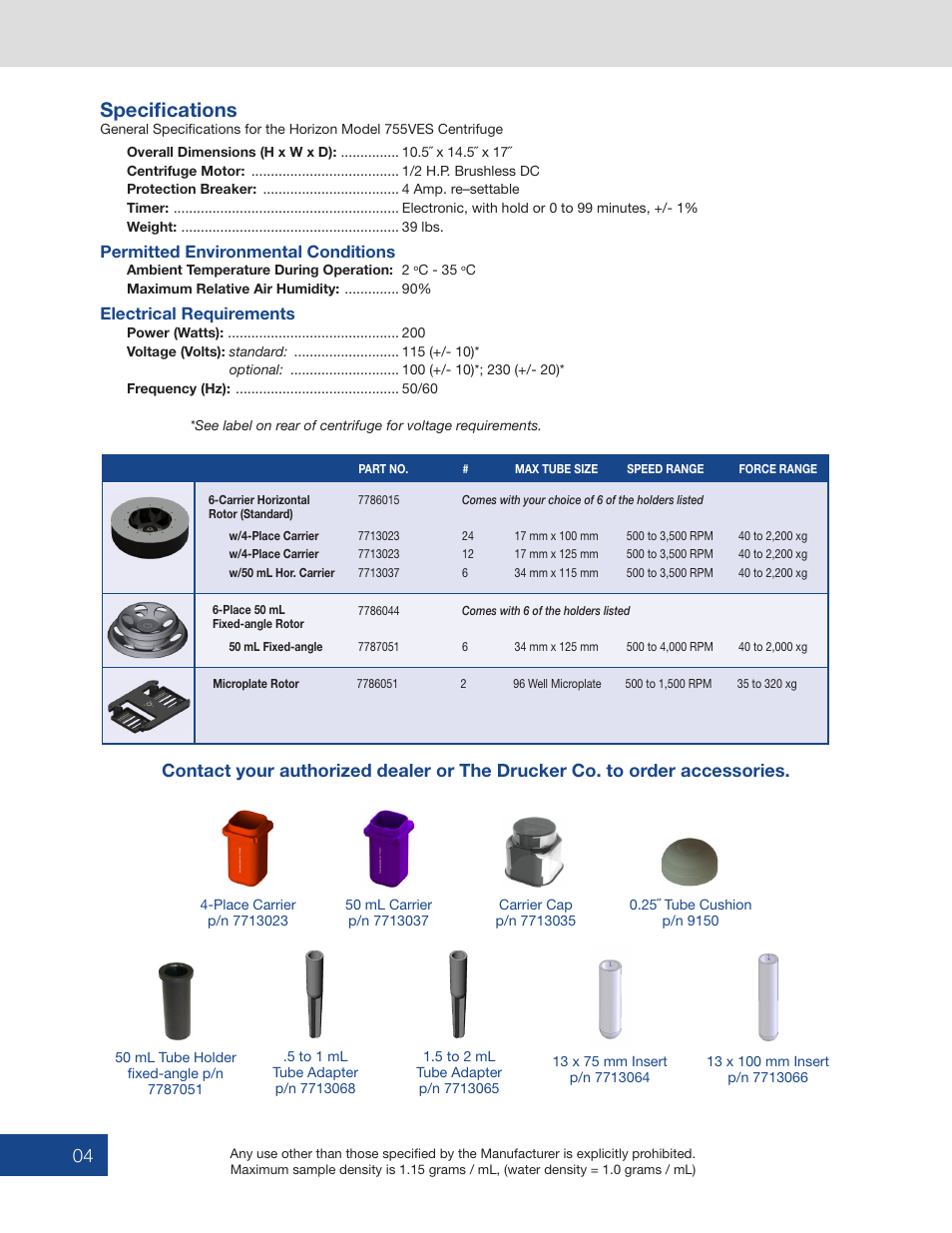 Specifications | Drucker Diagnostics Model 755VES Centrifuge User Manual | Page 4 / 16