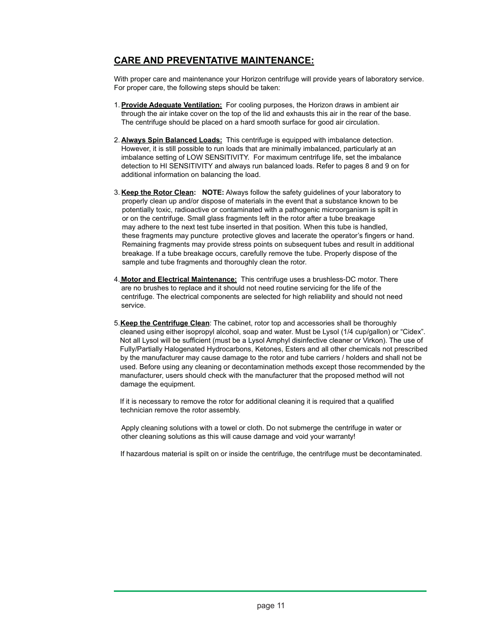 Care and preventative maintenance | Drucker Diagnostics Model 842HS Centrifuge User Manual | Page 11 / 14