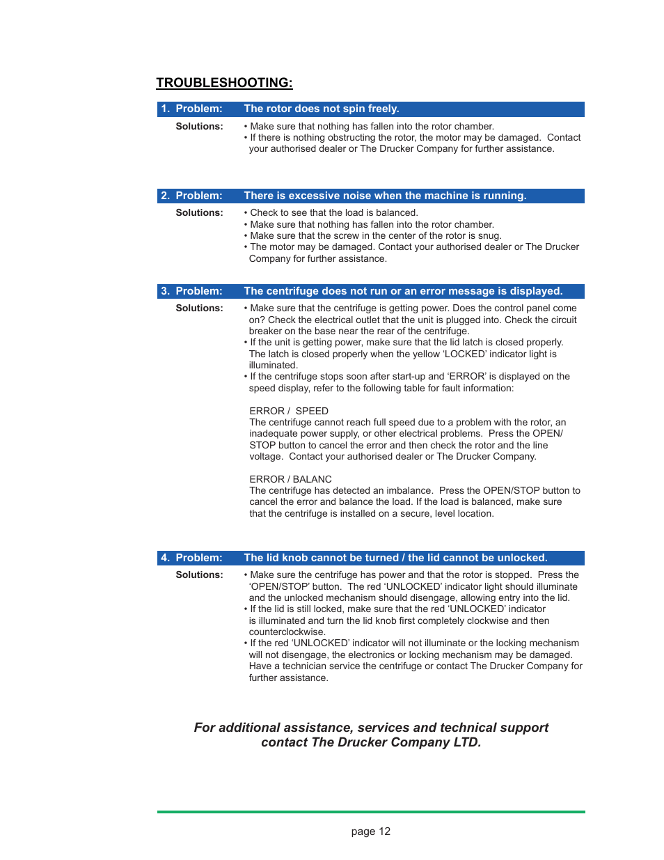 Troubleshooting | Drucker Diagnostics Model 842HS Centrifuge User Manual | Page 12 / 14