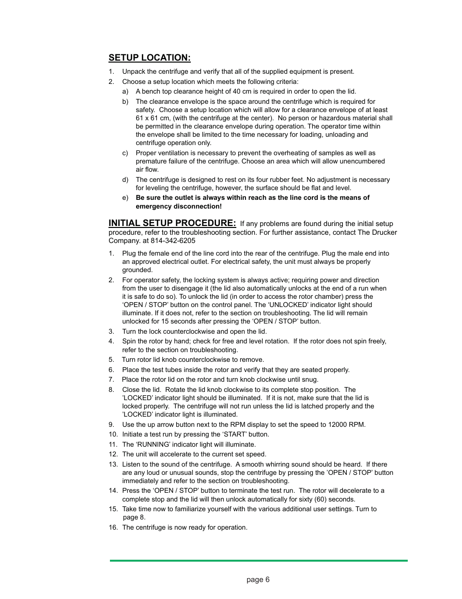 Setup location, Initial setup procedure | Drucker Diagnostics Model 842HS Centrifuge User Manual | Page 6 / 14