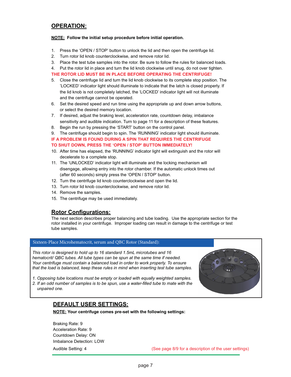 Operation, Rotor configurations, Default user settings | Drucker Diagnostics Model 842HS Centrifuge User Manual | Page 7 / 14