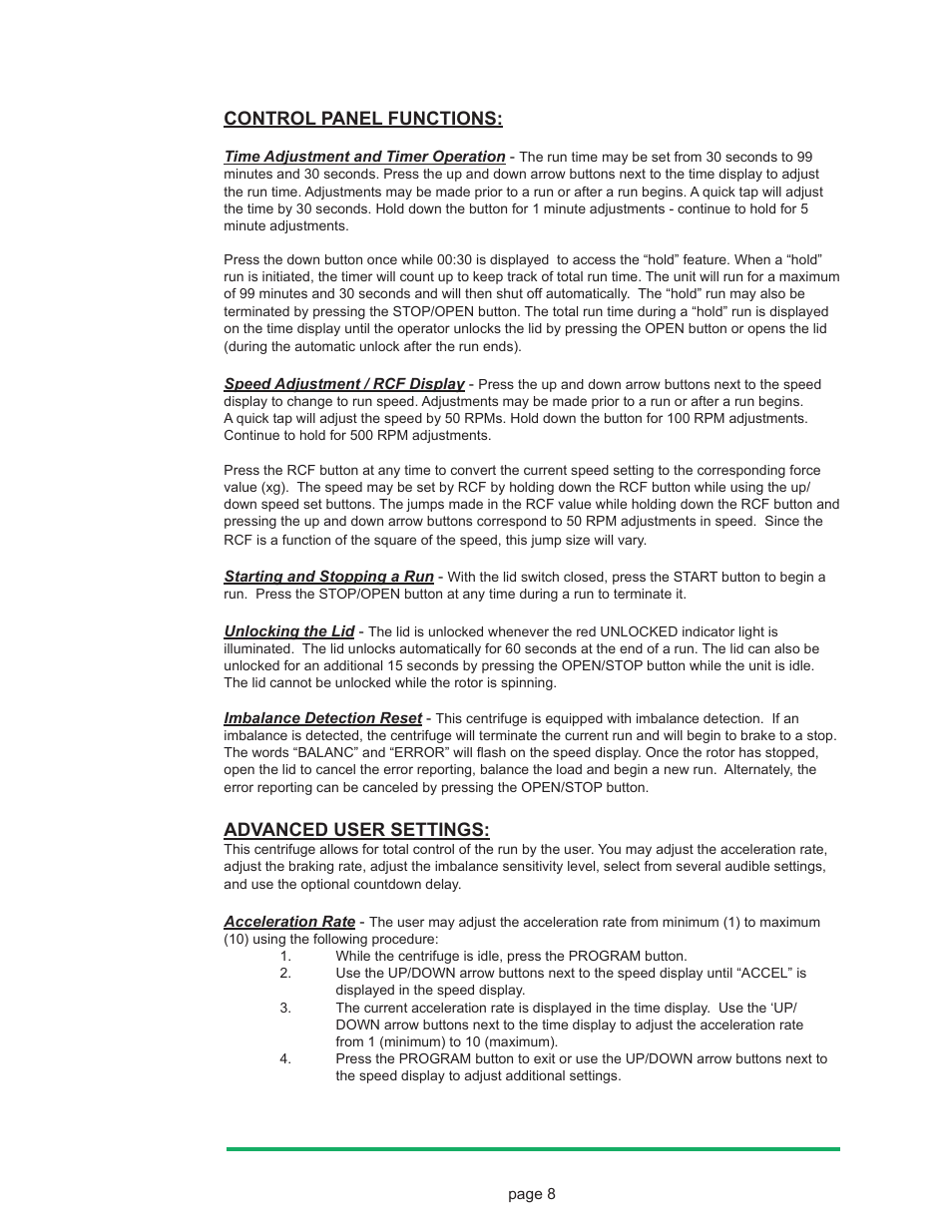 Control panel functions, Advanced user settings | Drucker Diagnostics Model 842HS Centrifuge User Manual | Page 8 / 14