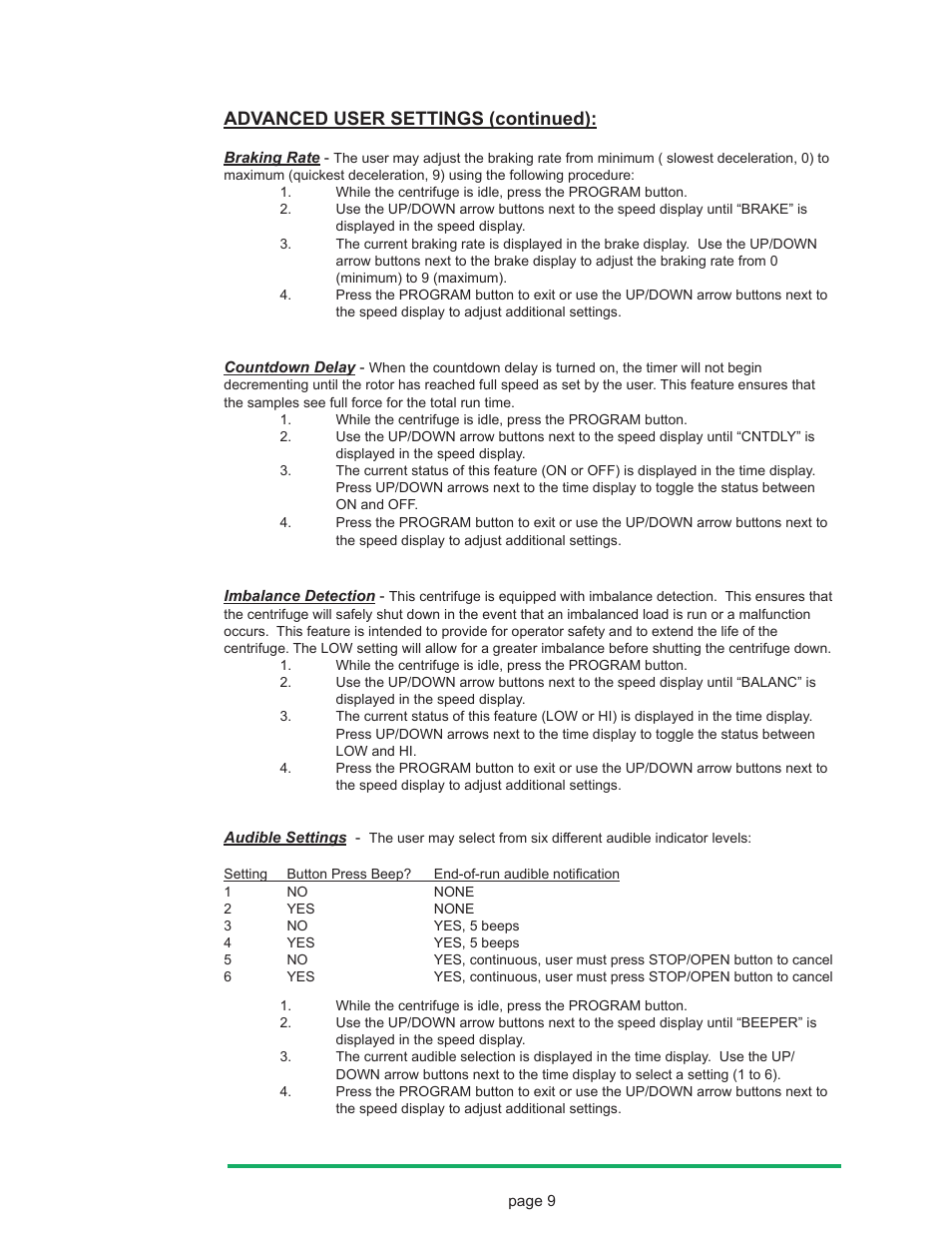 Advanced user settings (continued) | Drucker Diagnostics Model 842HS Centrifuge User Manual | Page 9 / 14