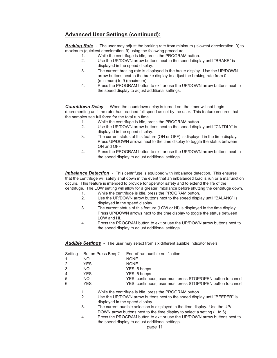 Advanced user settings (continued) | Drucker Diagnostics Model 842VES Centrifuge User Manual | Page 11 / 17