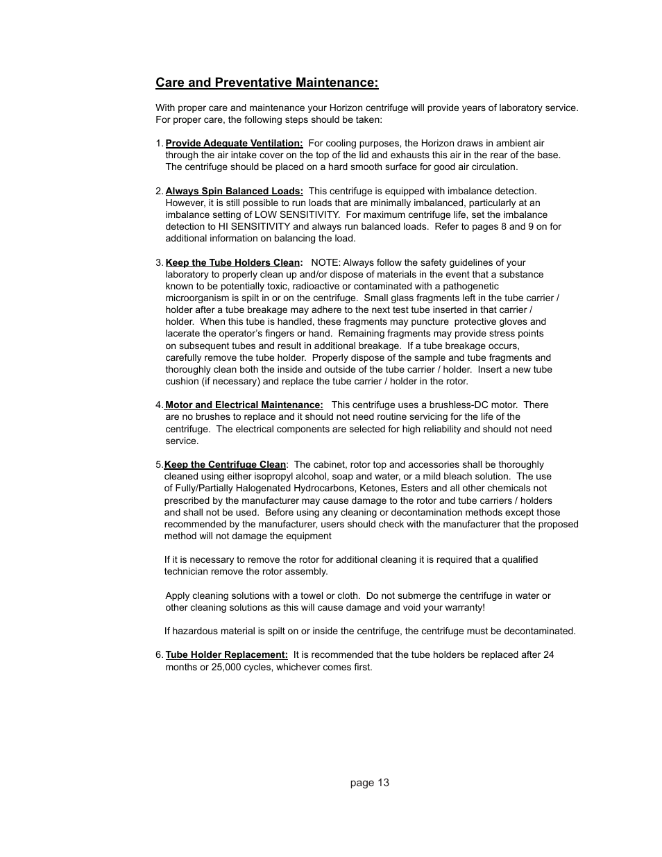 Care and preventative maintenance | Drucker Diagnostics Model 842VES Centrifuge User Manual | Page 13 / 17