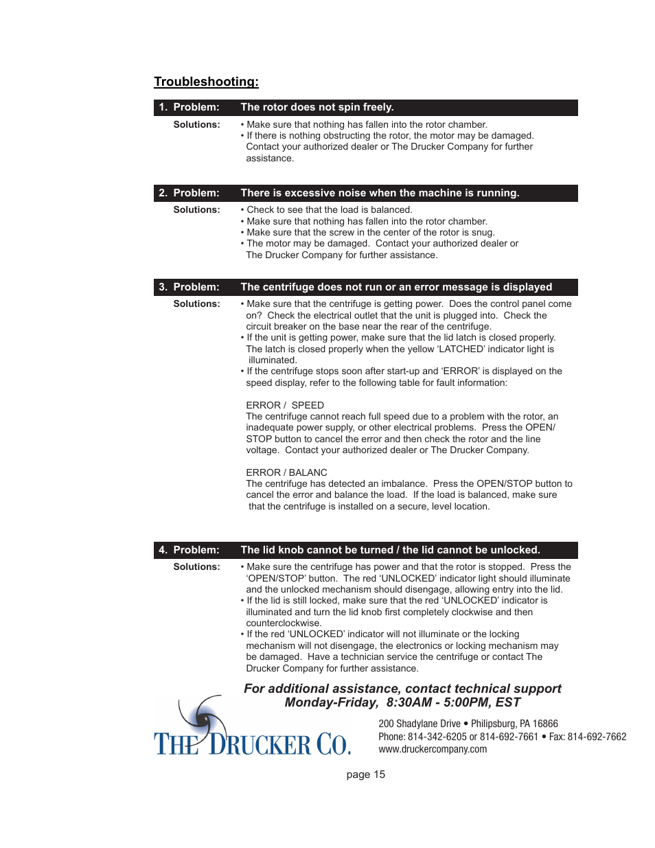 Troubleshooting | Drucker Diagnostics Model 842VES Centrifuge User Manual | Page 15 / 17