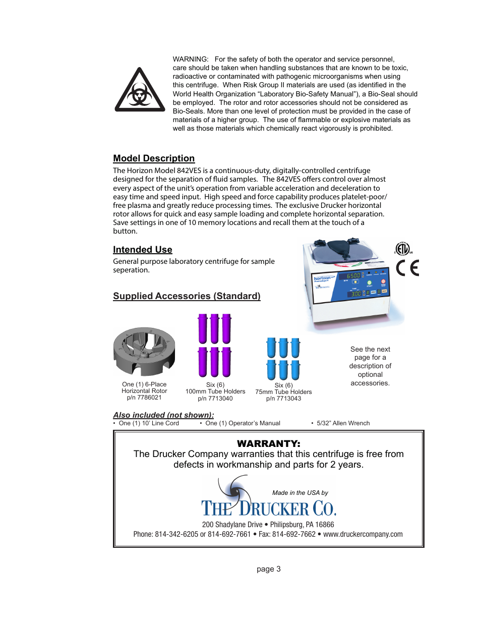 Model description, Intended use, Supplied accessories (standard) | Drucker Diagnostics Model 842VES Centrifuge User Manual | Page 3 / 17