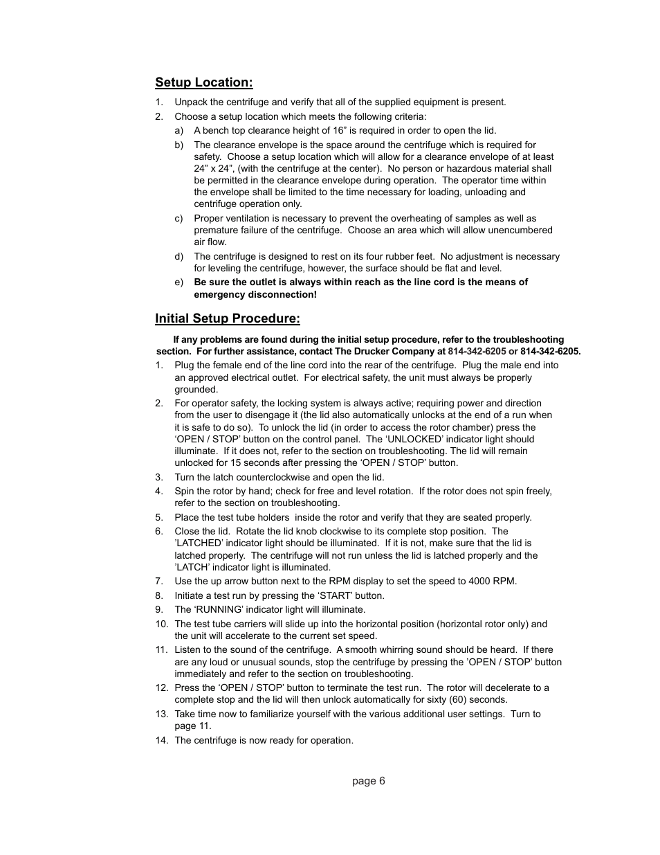 Setup location, Initial setup procedure | Drucker Diagnostics Model 842VES Centrifuge User Manual | Page 6 / 17