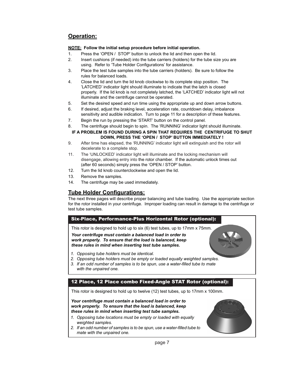Operation, Tube holder configurations | Drucker Diagnostics Model 842VES Centrifuge User Manual | Page 7 / 17
