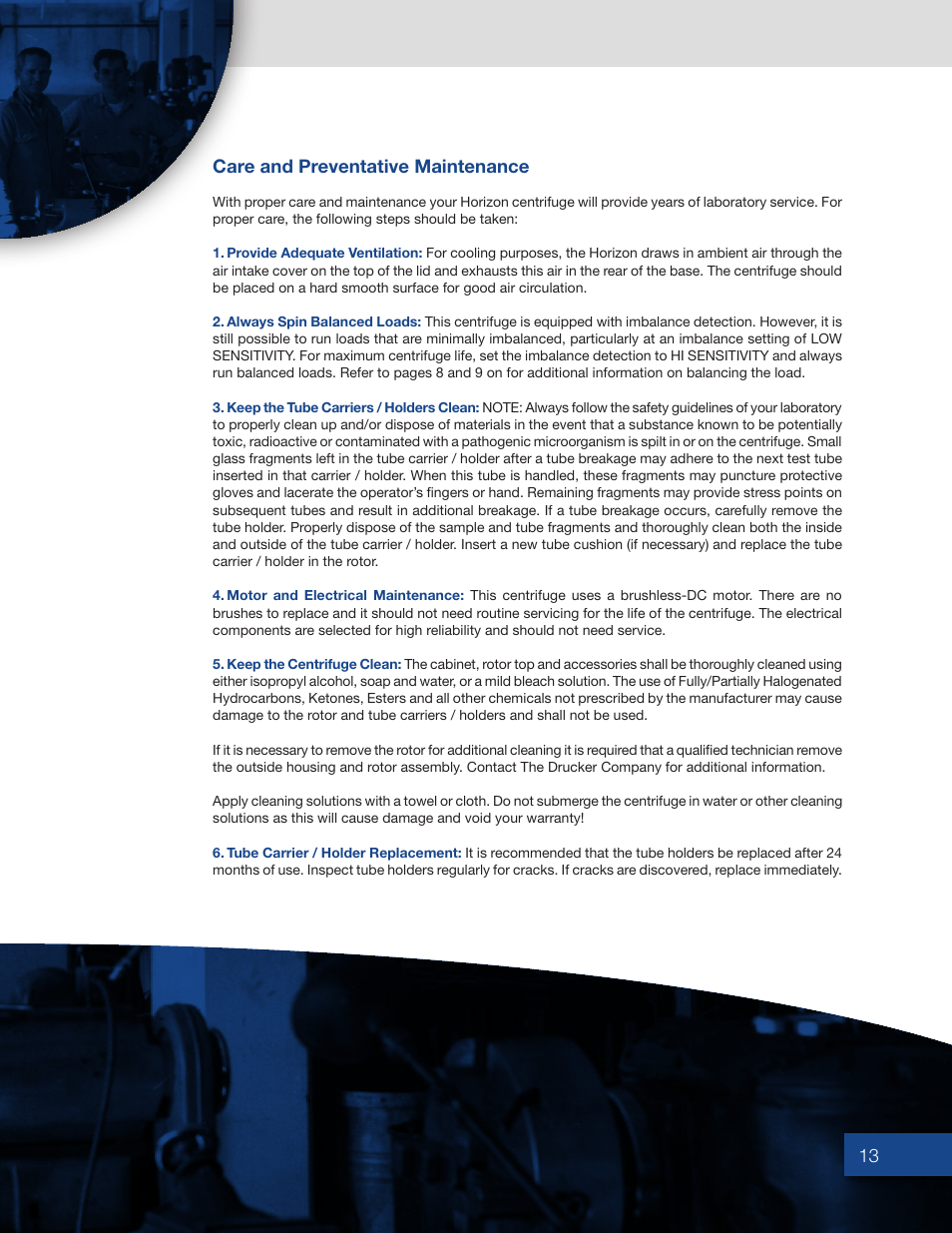 13 care and preventative maintenance | Drucker Diagnostics Model 853VES Centrifuge User Manual | Page 13 / 16