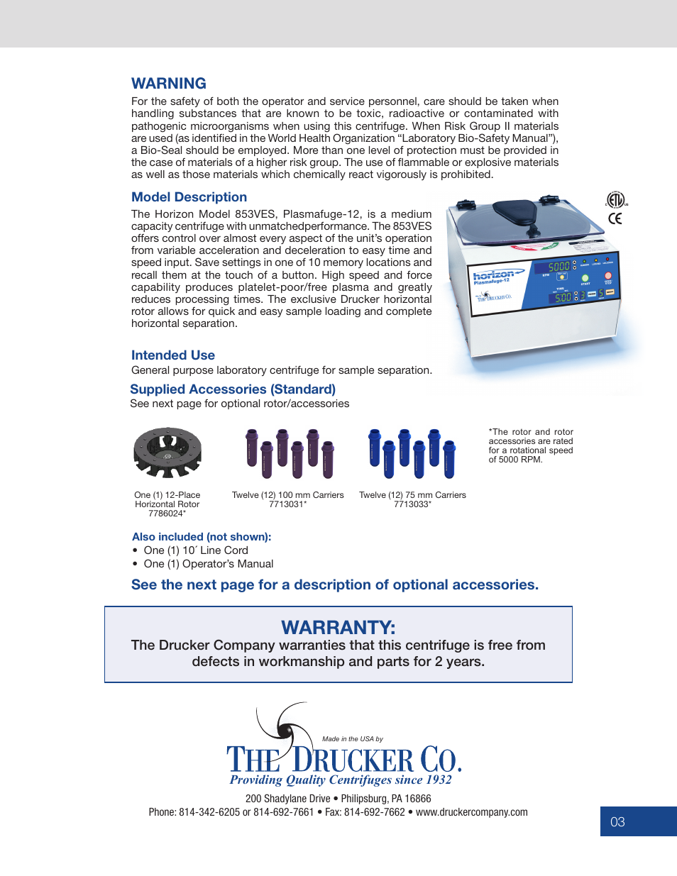 Warranty, Warning | Drucker Diagnostics Model 853VES Centrifuge User Manual | Page 3 / 16