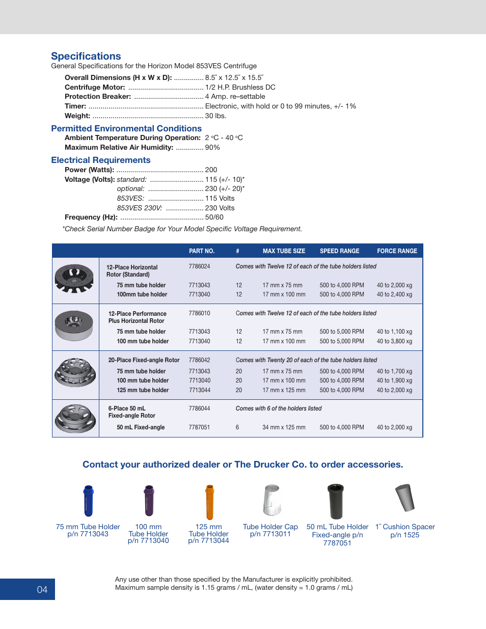 Specifications | Drucker Diagnostics Model 853VES Centrifuge User Manual | Page 4 / 16