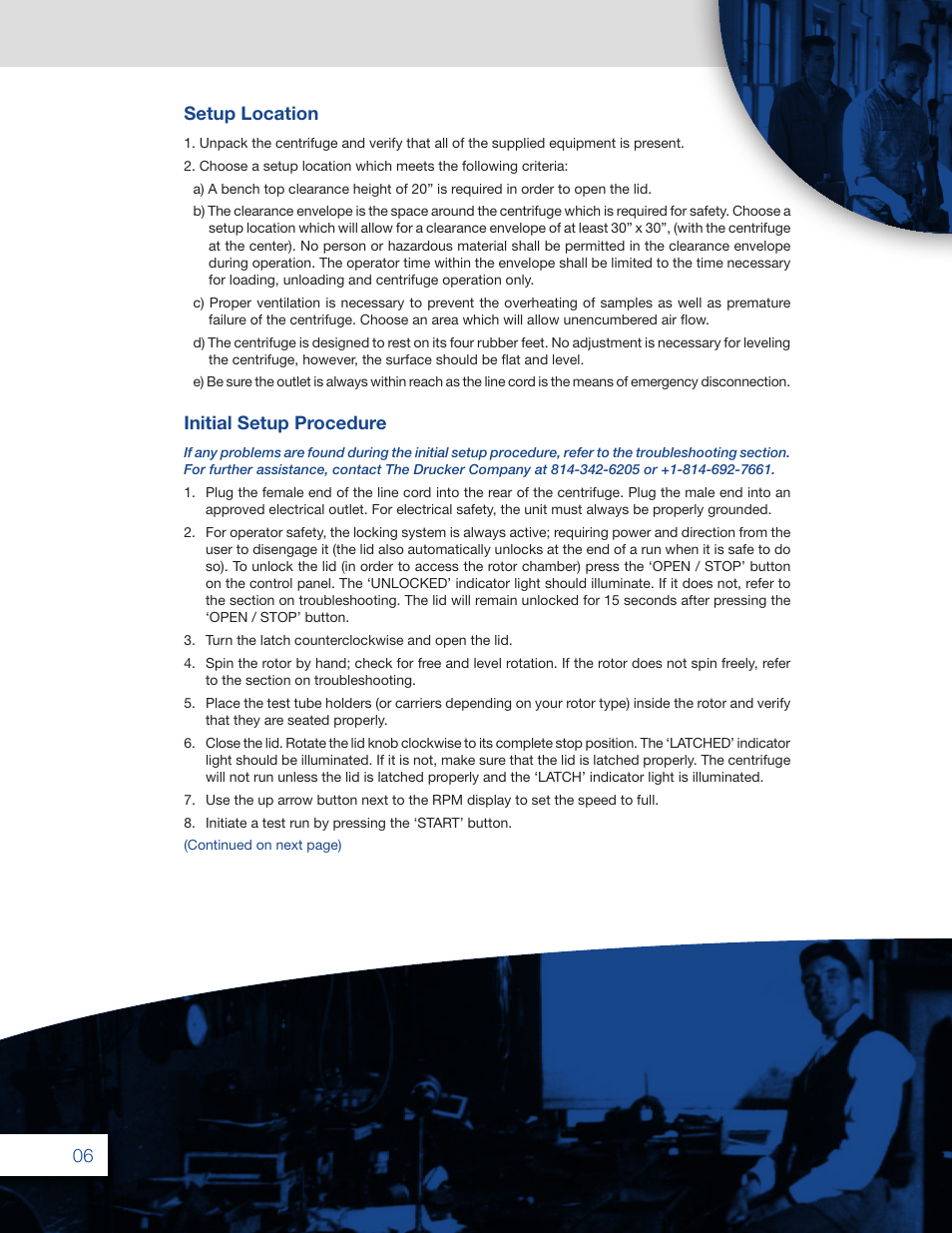 Initial setup procedure setup location | Drucker Diagnostics Model 853VES Centrifuge User Manual | Page 6 / 16