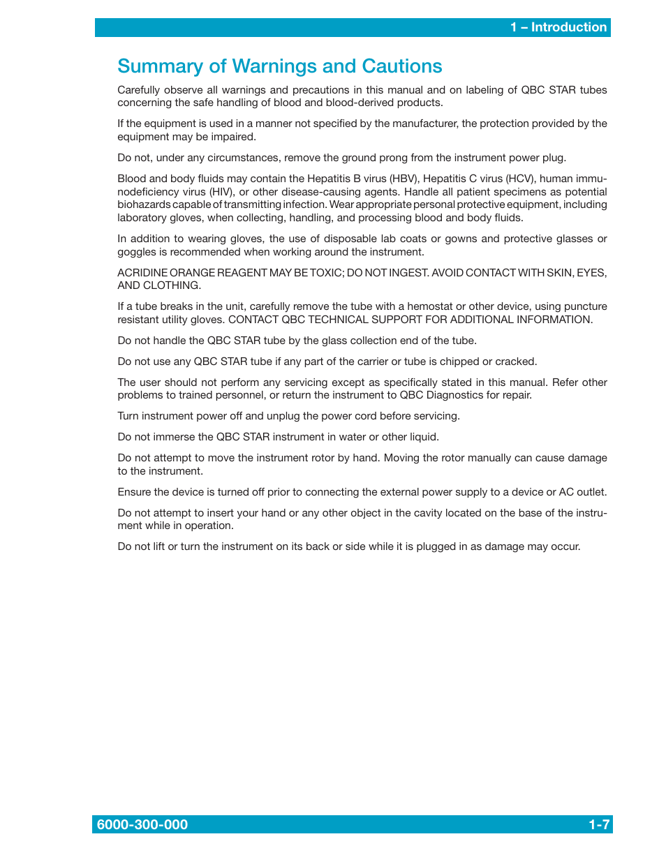 Summary of warnings and cautions | Drucker Diagnostics QBC STAR Dry Hematology Analyzer User Manual | Page 13 / 89
