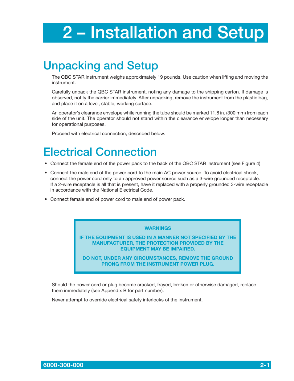 2 – installation and setup, Unpacking and setup, Electrical connection | Drucker Diagnostics QBC STAR Dry Hematology Analyzer User Manual | Page 15 / 89