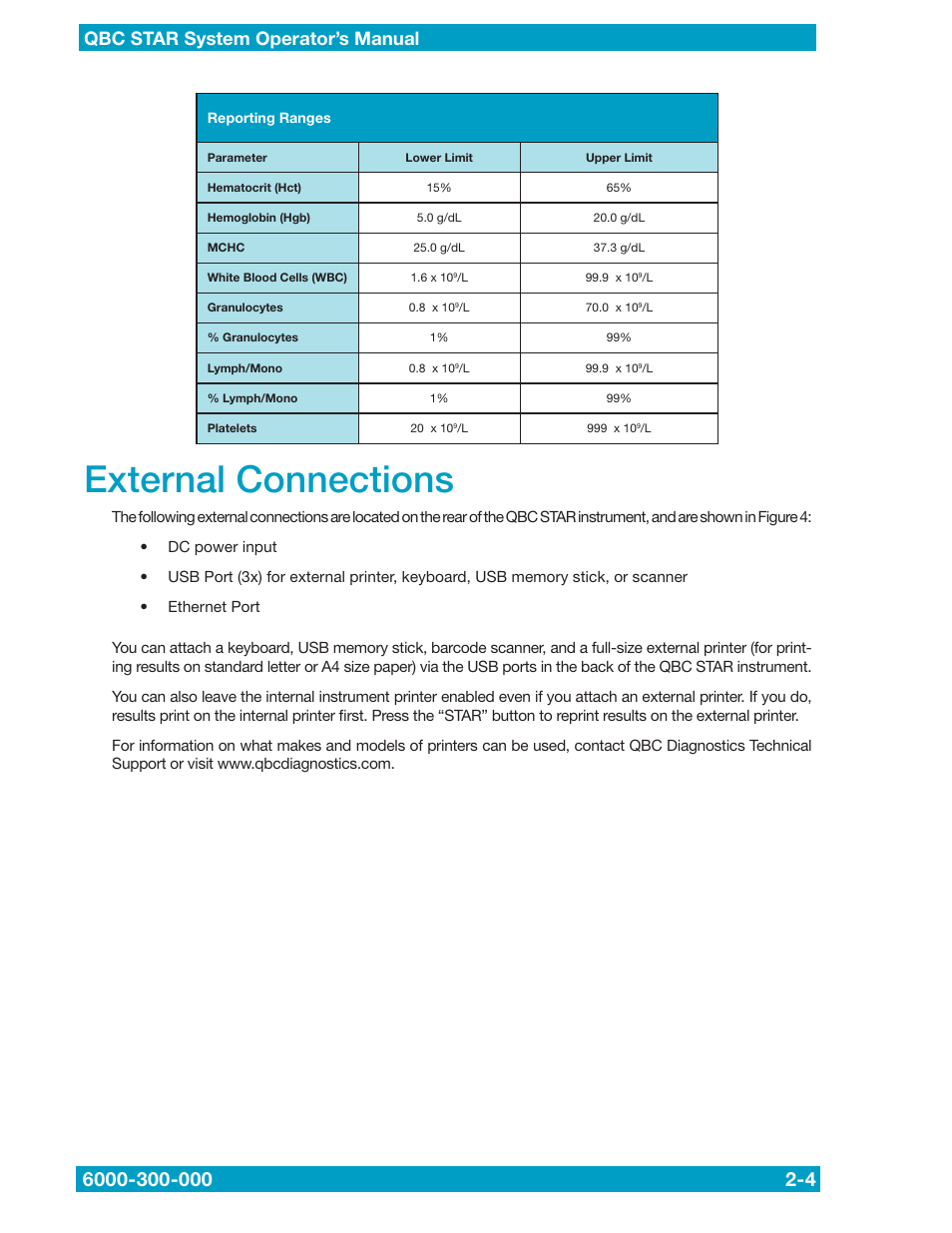 External connections | Drucker Diagnostics QBC STAR Dry Hematology Analyzer User Manual | Page 18 / 89