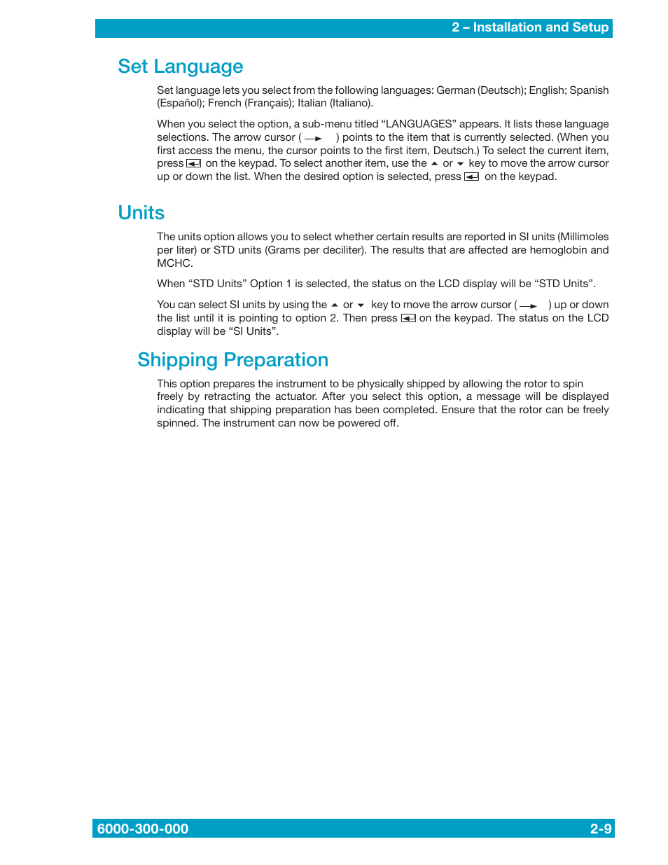 Set language, Units, Shipping preparation | Drucker Diagnostics QBC STAR Dry Hematology Analyzer User Manual | Page 23 / 89
