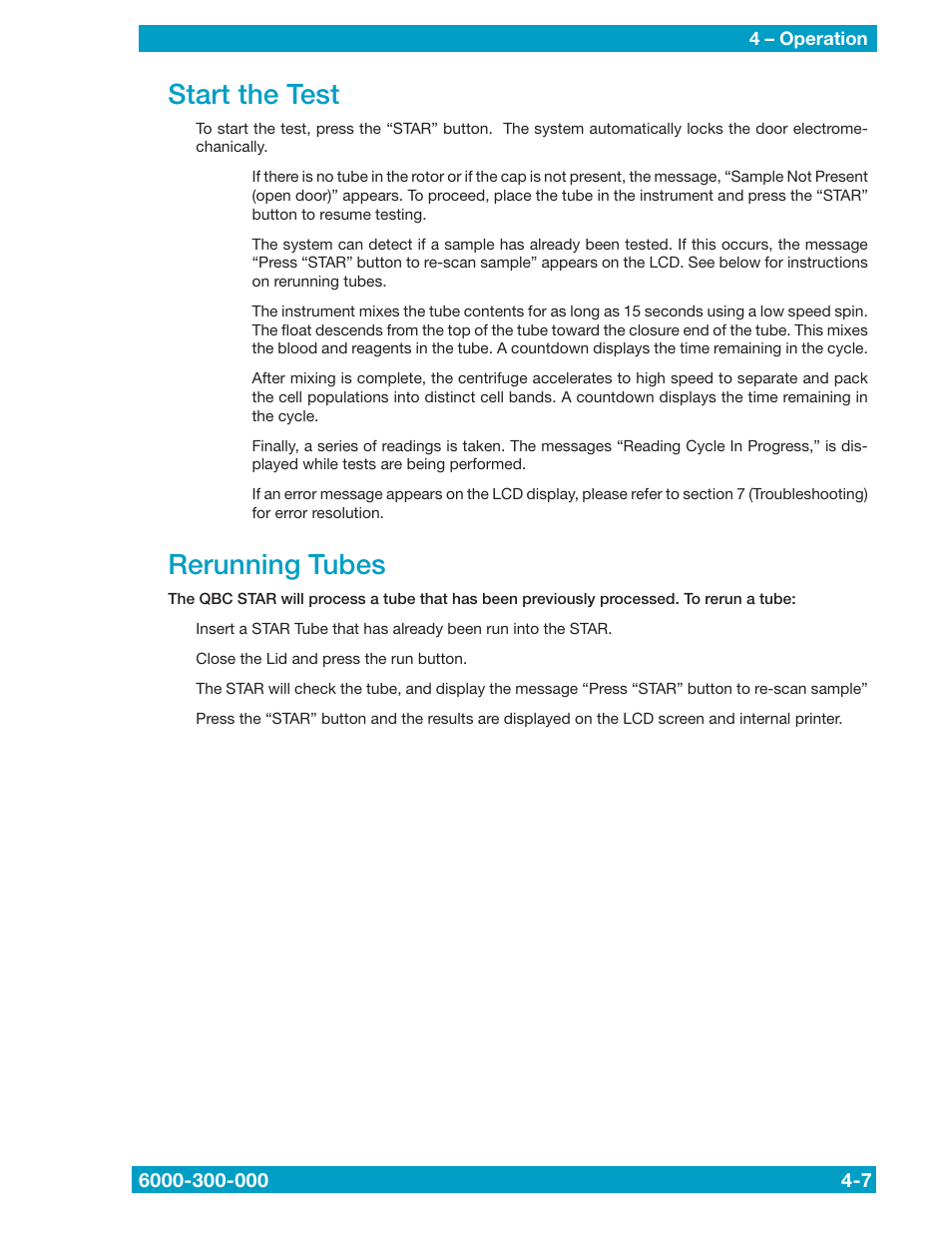 Start the test, Rerunning tubes | Drucker Diagnostics QBC STAR Dry Hematology Analyzer User Manual | Page 35 / 89