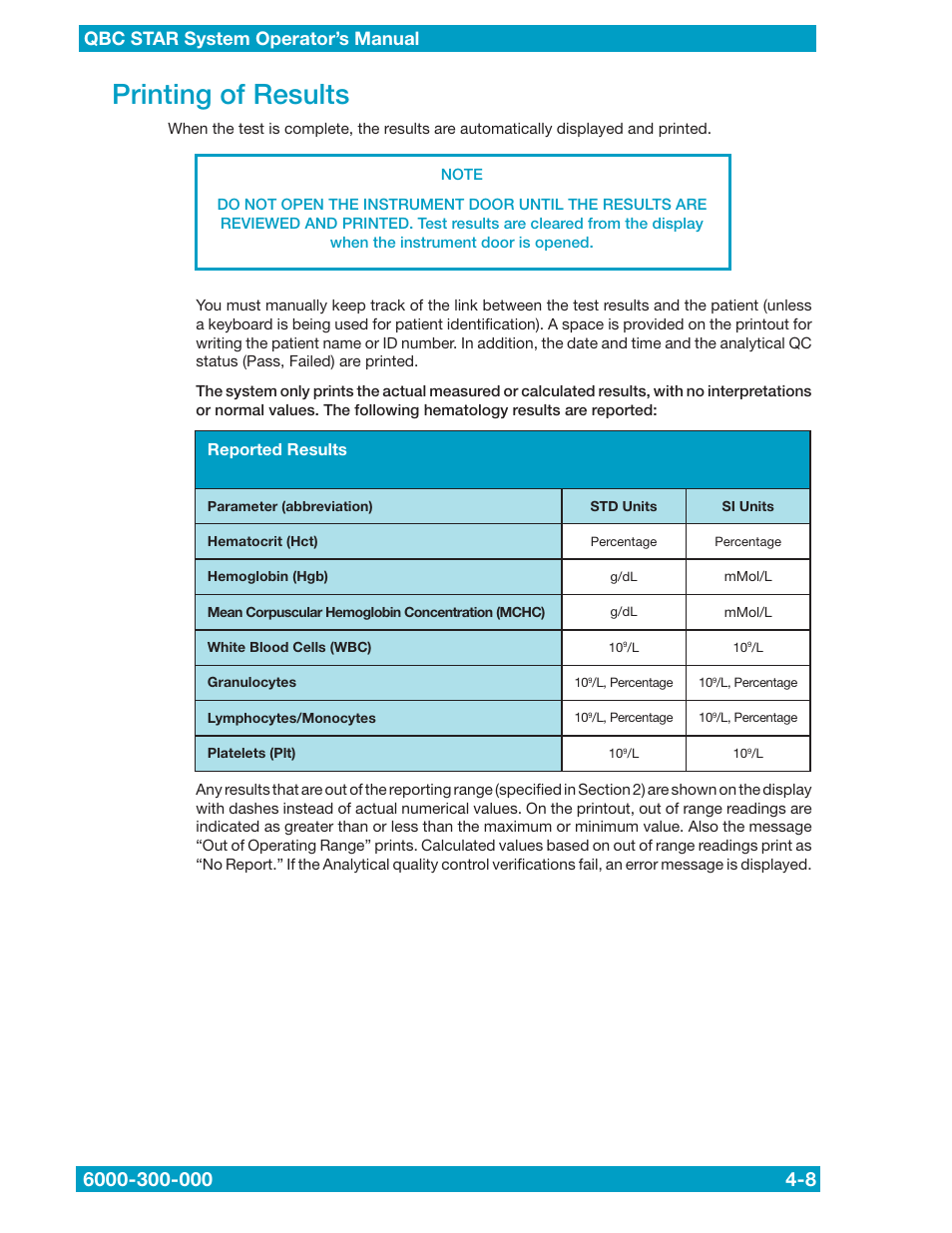 Printing of results | Drucker Diagnostics QBC STAR Dry Hematology Analyzer User Manual | Page 36 / 89