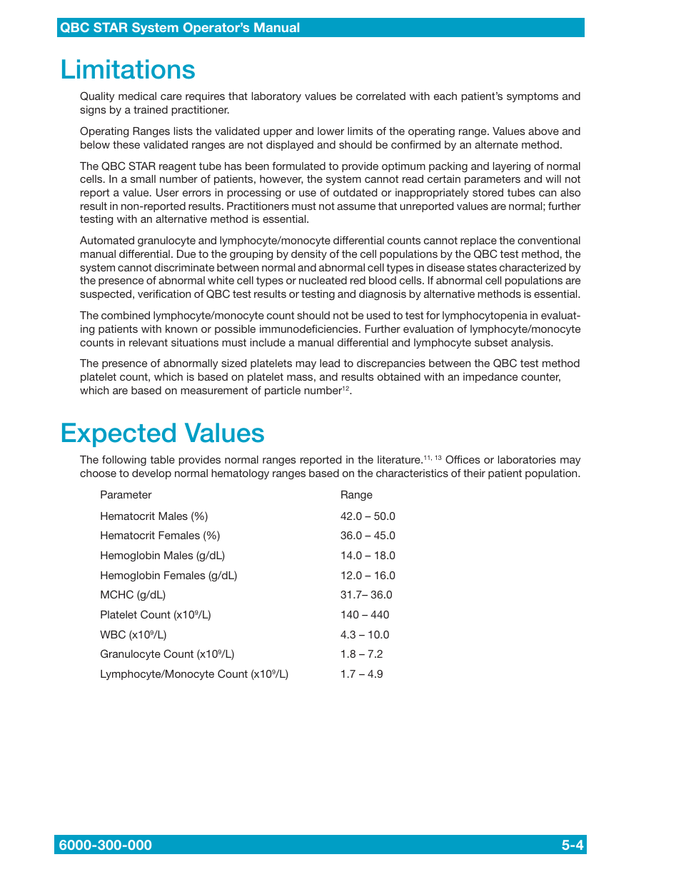 Limitations, Expected values | Drucker Diagnostics QBC STAR Dry Hematology Analyzer User Manual | Page 44 / 89