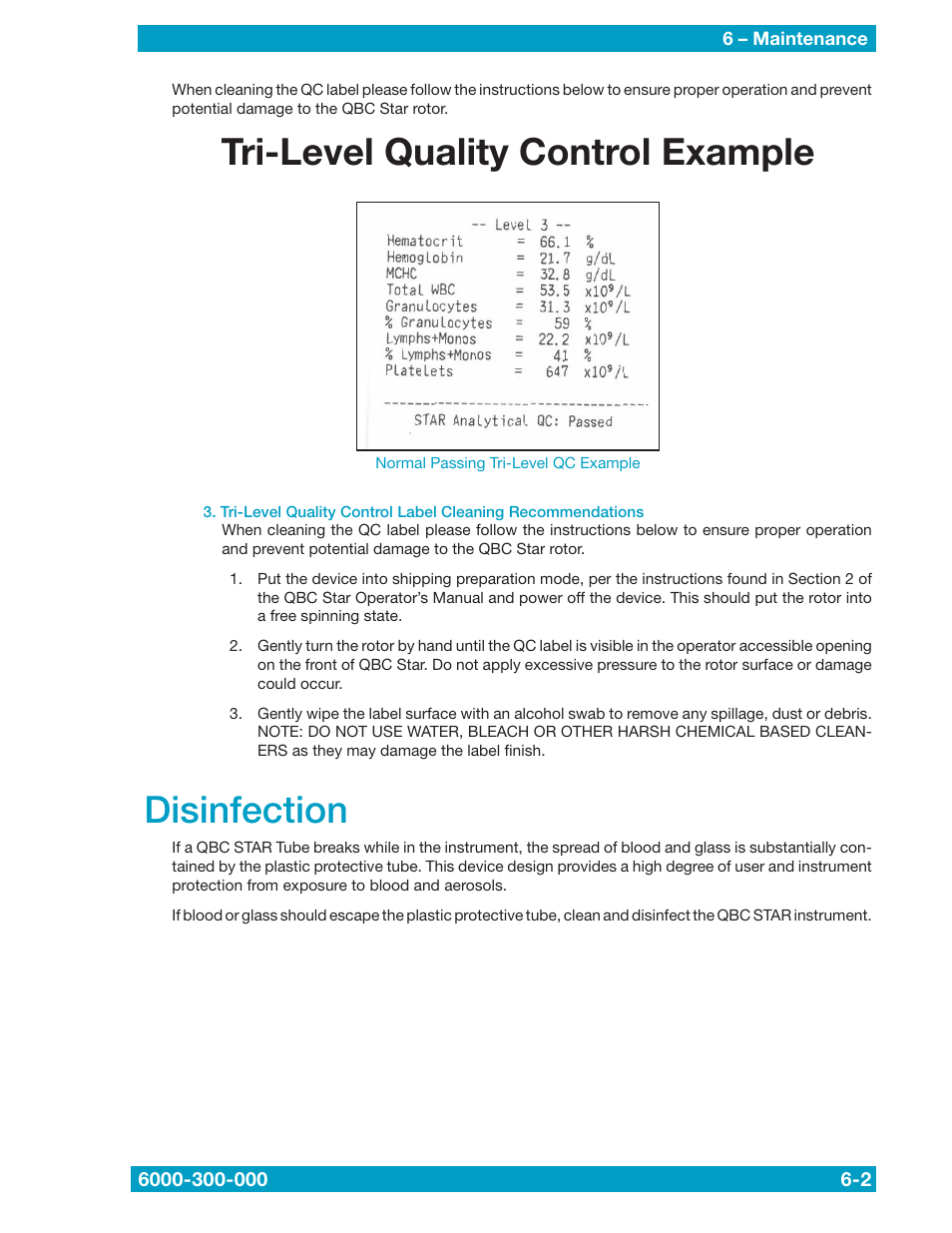 Disinfection, Tri-level quality control example | Drucker Diagnostics QBC STAR Dry Hematology Analyzer User Manual | Page 48 / 89